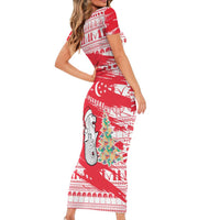 Singapore Christmas Short Sleeve Bodycon Dress with Merlion Santa Hat Batik Christmas Tree and City Skyline Design - Wonder Print Shop