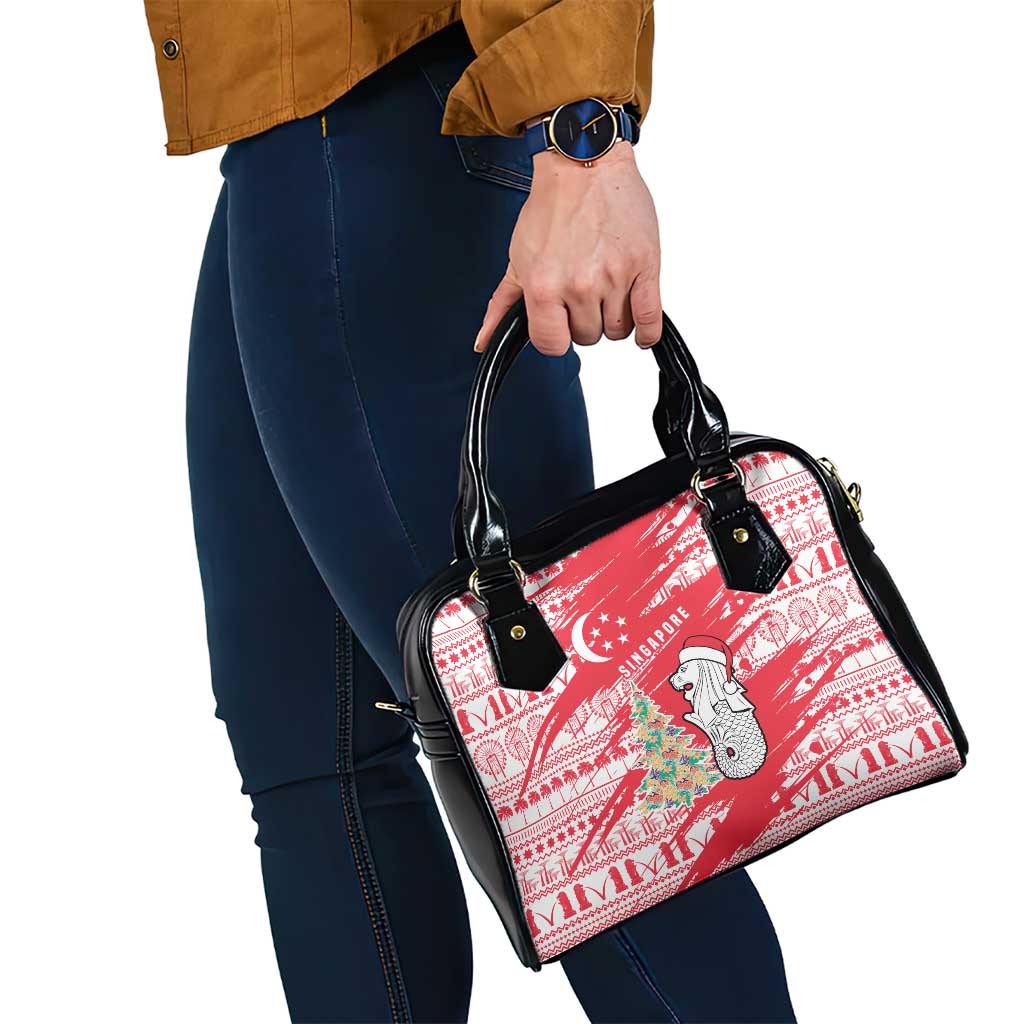 Singapore Christmas Shoulder Handbag with Merlion Santa Hat Batik Christmas Tree and City Skyline Design - Wonder Print Shop