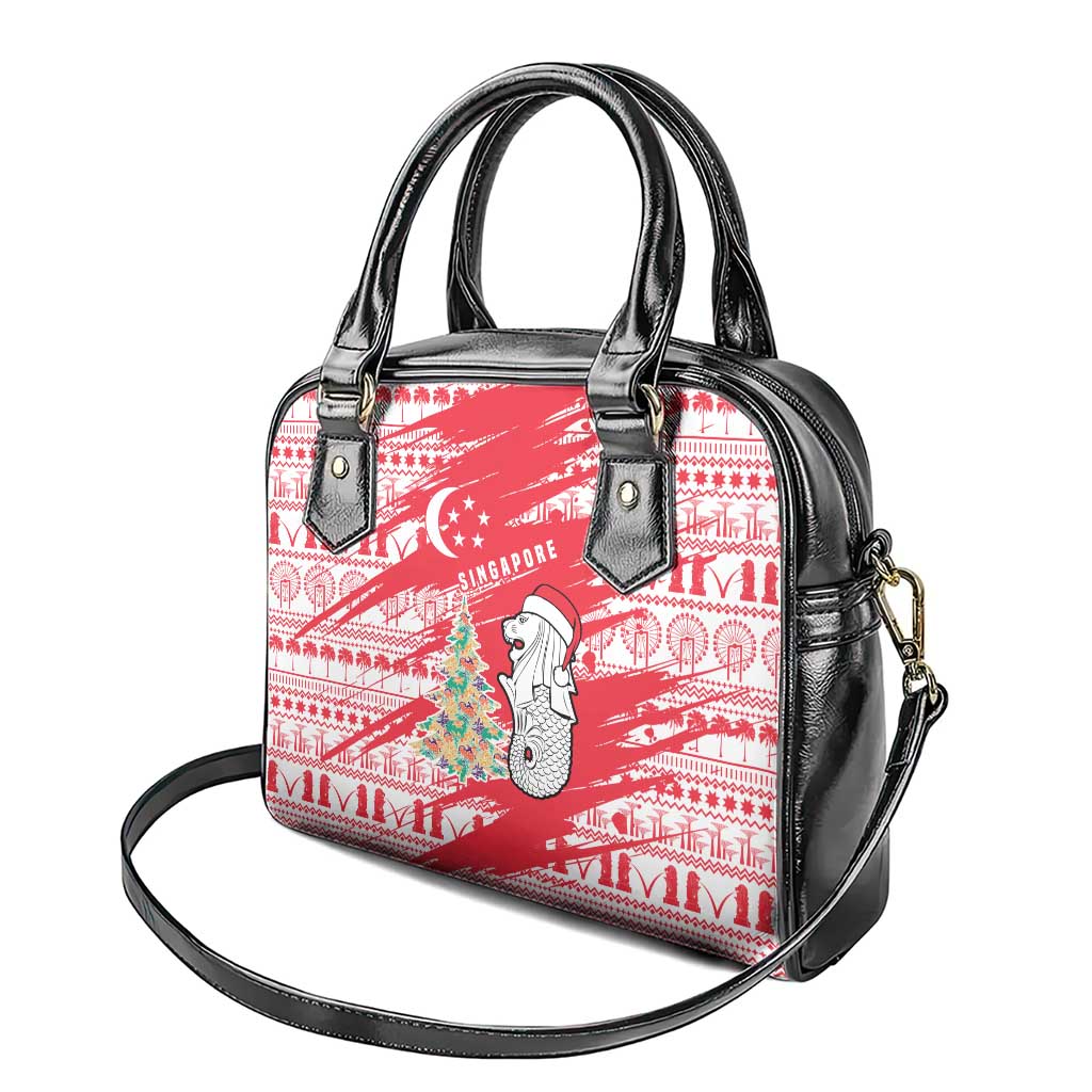 Singapore Christmas Shoulder Handbag with Merlion Santa Hat Batik Christmas Tree and City Skyline Design - Wonder Print Shop