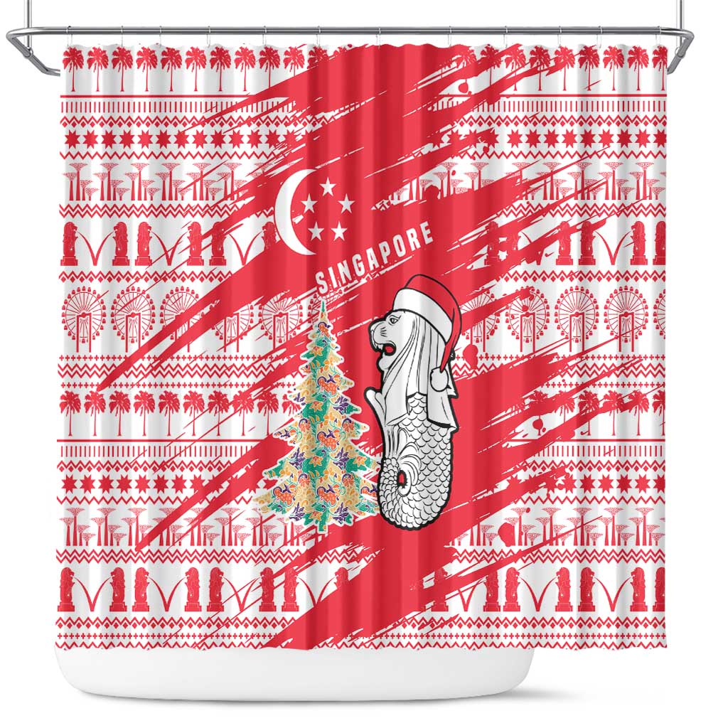 Singapore Christmas Shower Curtain with Merlion Santa Hat Batik Christmas Tree and City Skyline Design - Wonder Print Shop