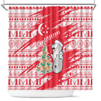 Singapore Christmas Shower Curtain with Merlion Santa Hat Batik Christmas Tree and City Skyline Design - Wonder Print Shop