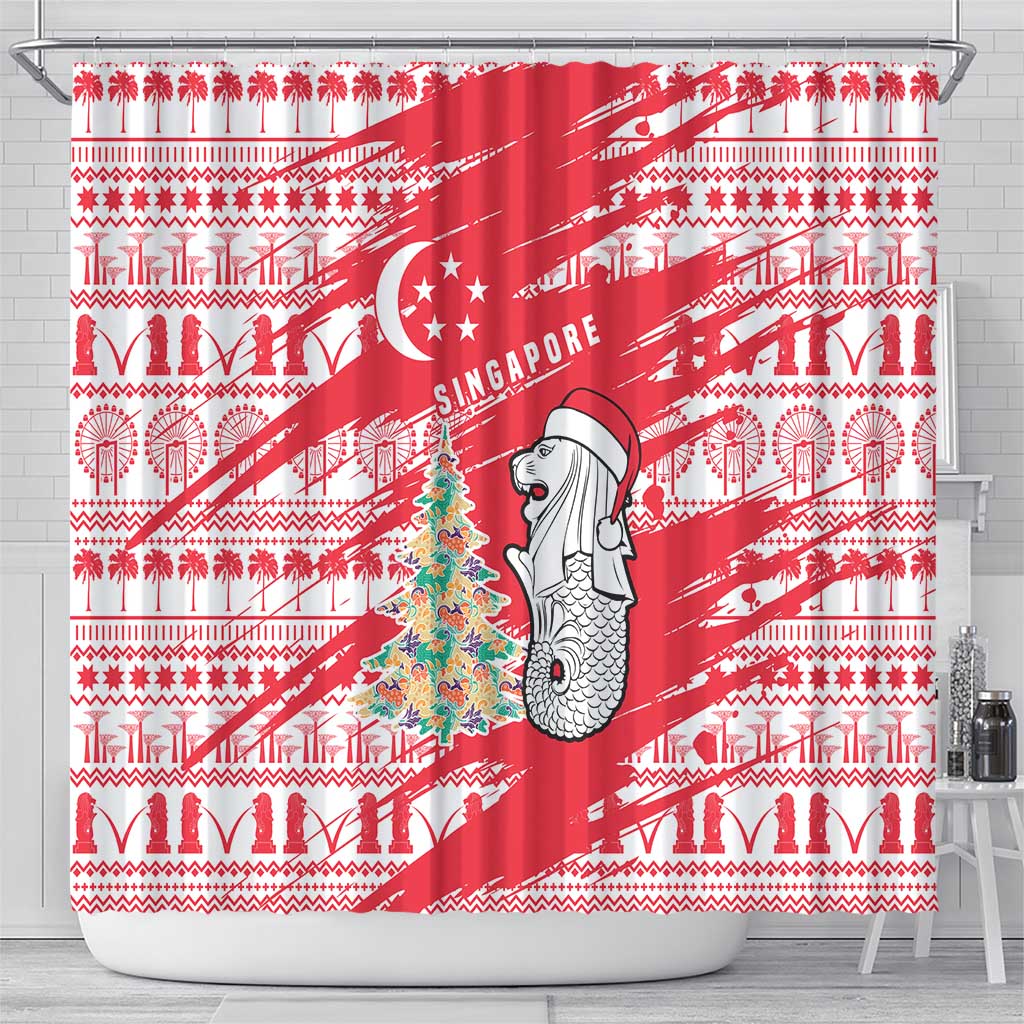 Singapore Christmas Shower Curtain with Merlion Santa Hat Batik Christmas Tree and City Skyline Design - Wonder Print Shop