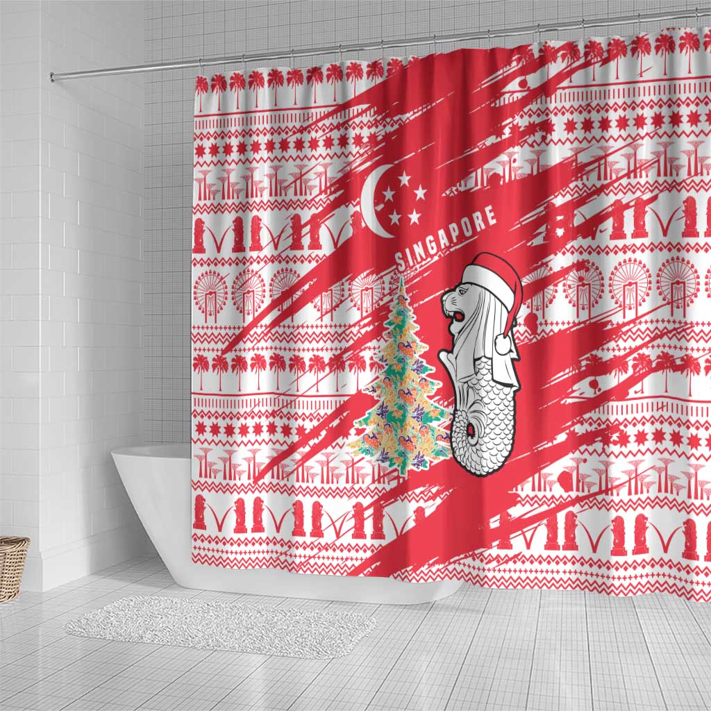 Singapore Christmas Shower Curtain with Merlion Santa Hat Batik Christmas Tree and City Skyline Design - Wonder Print Shop