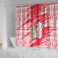 Singapore Christmas Shower Curtain with Merlion Santa Hat Batik Christmas Tree and City Skyline Design - Wonder Print Shop