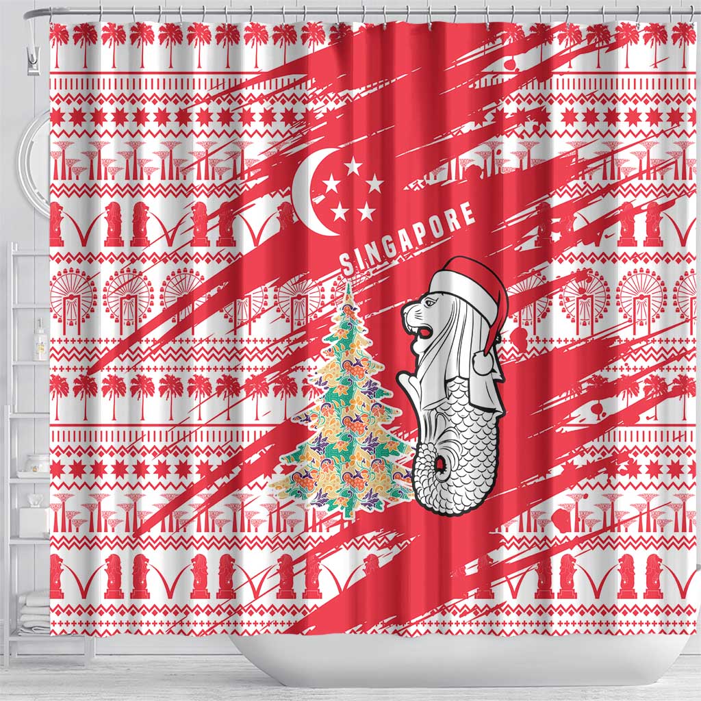 Singapore Christmas Shower Curtain with Merlion Santa Hat Batik Christmas Tree and City Skyline Design - Wonder Print Shop