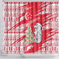 Singapore Christmas Shower Curtain with Merlion Santa Hat Batik Christmas Tree and City Skyline Design - Wonder Print Shop