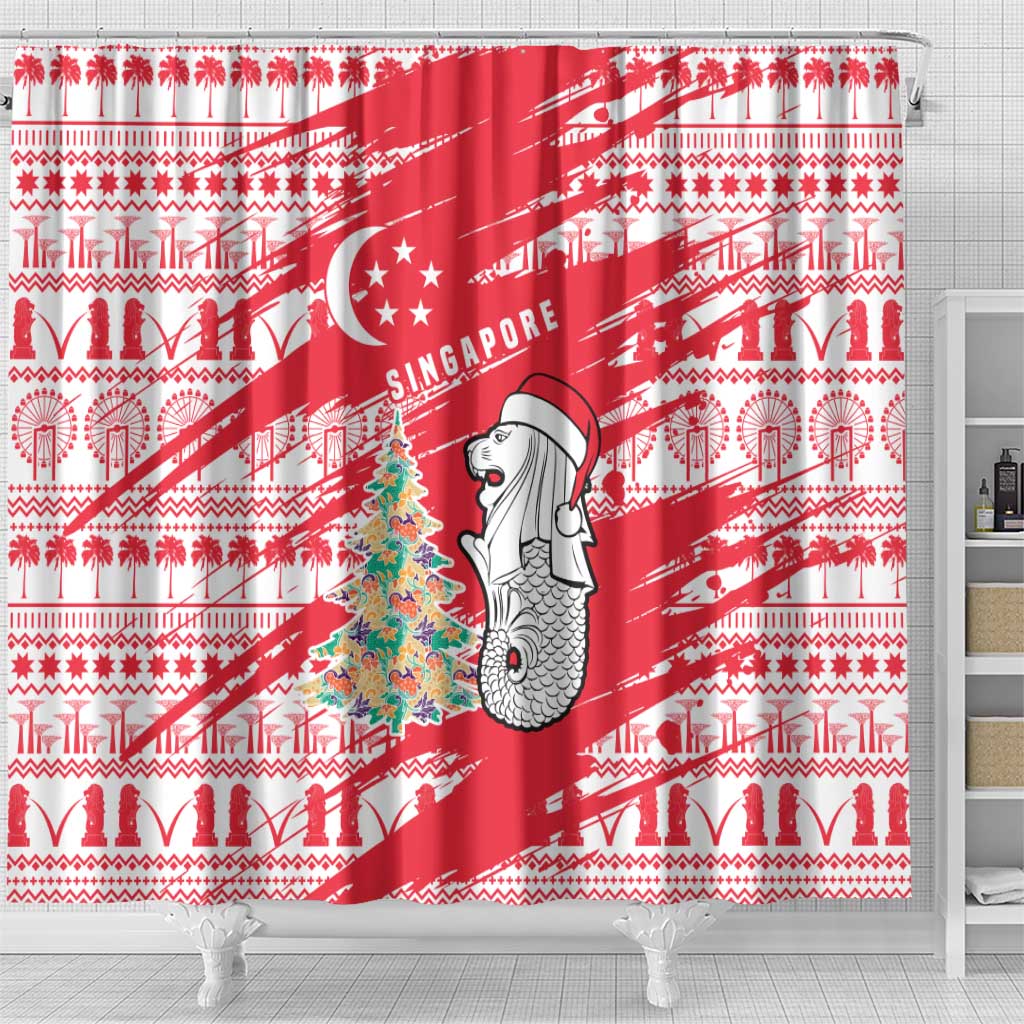 Singapore Christmas Shower Curtain with Merlion Santa Hat Batik Christmas Tree and City Skyline Design - Wonder Print Shop