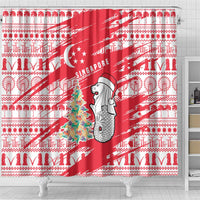 Singapore Christmas Shower Curtain with Merlion Santa Hat Batik Christmas Tree and City Skyline Design - Wonder Print Shop