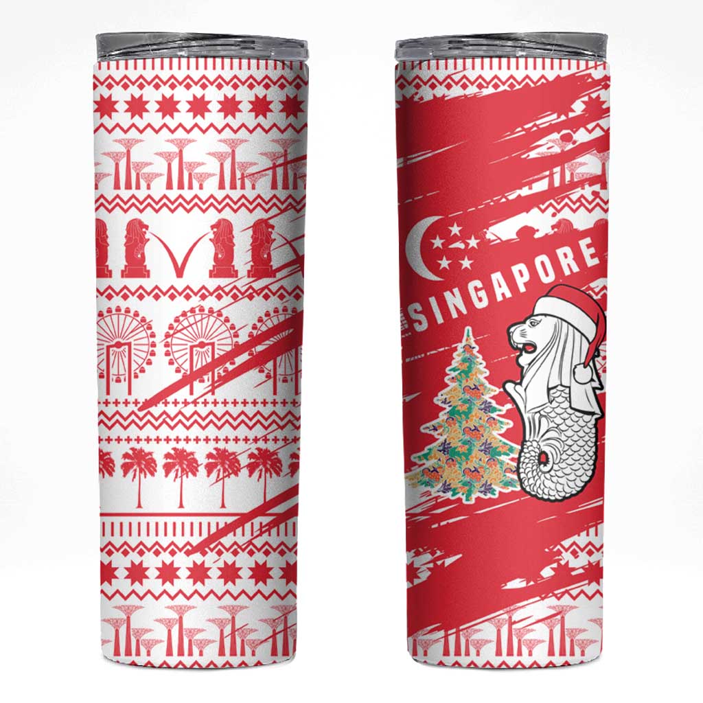 Singapore Christmas Skinny Tumbler with Merlion Santa Hat Batik Christmas Tree and City Skyline Design - Wonder Print Shop
