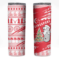Singapore Christmas Skinny Tumbler with Merlion Santa Hat Batik Christmas Tree and City Skyline Design - Wonder Print Shop