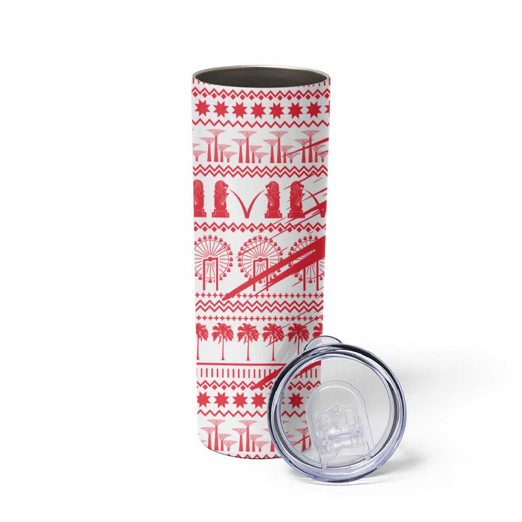 Singapore Christmas Skinny Tumbler with Merlion Santa Hat Batik Christmas Tree and City Skyline Design - Wonder Print Shop