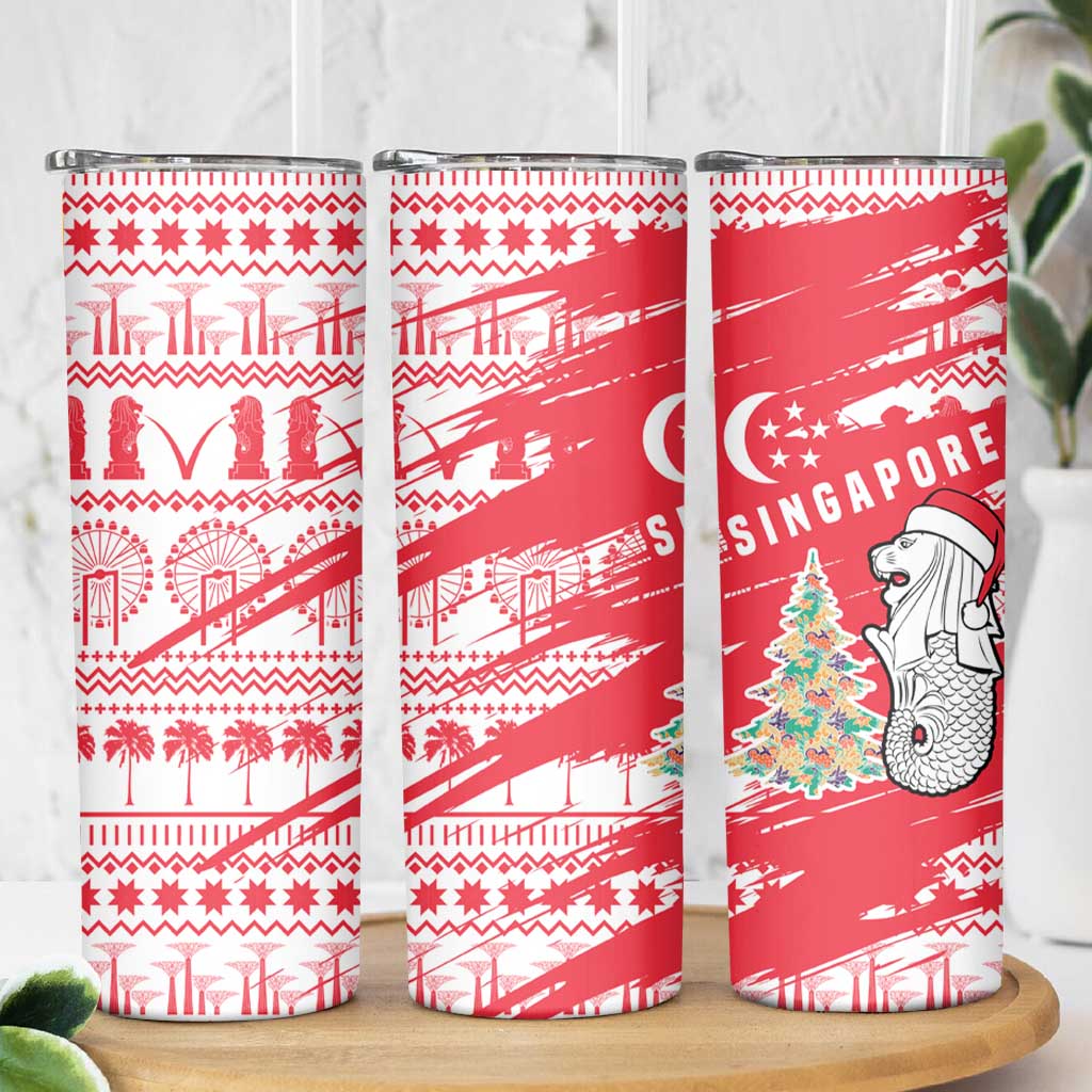 Singapore Christmas Skinny Tumbler with Merlion Santa Hat Batik Christmas Tree and City Skyline Design - Wonder Print Shop