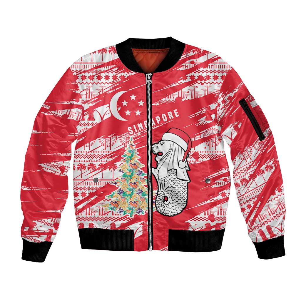 Singapore Christmas Sleeve Zip Bomber Jacket with Merlion Santa Hat Batik Christmas Tree and City Skyline Design - Wonder Print Shop