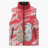 Singapore Christmas Sleeveless Puffer Jacket with Merlion Santa Hat Batik Christmas Tree and City Skyline Design - Wonder Print Shop