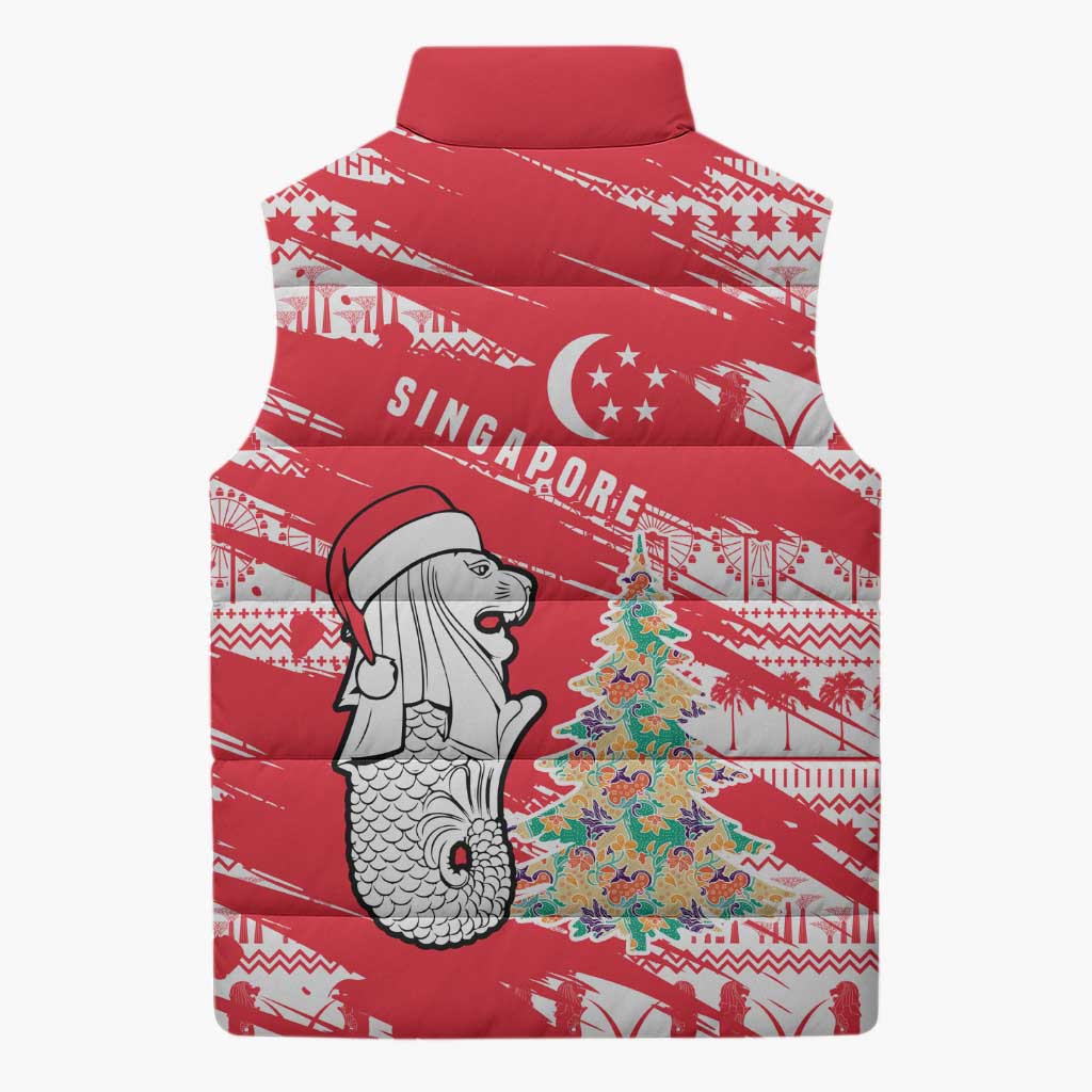 Singapore Christmas Sleeveless Puffer Jacket with Merlion Santa Hat Batik Christmas Tree and City Skyline Design - Wonder Print Shop