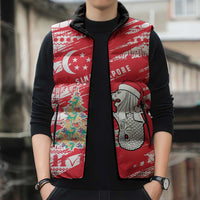 Singapore Christmas Sleeveless Puffer Jacket with Merlion Santa Hat Batik Christmas Tree and City Skyline Design - Wonder Print Shop