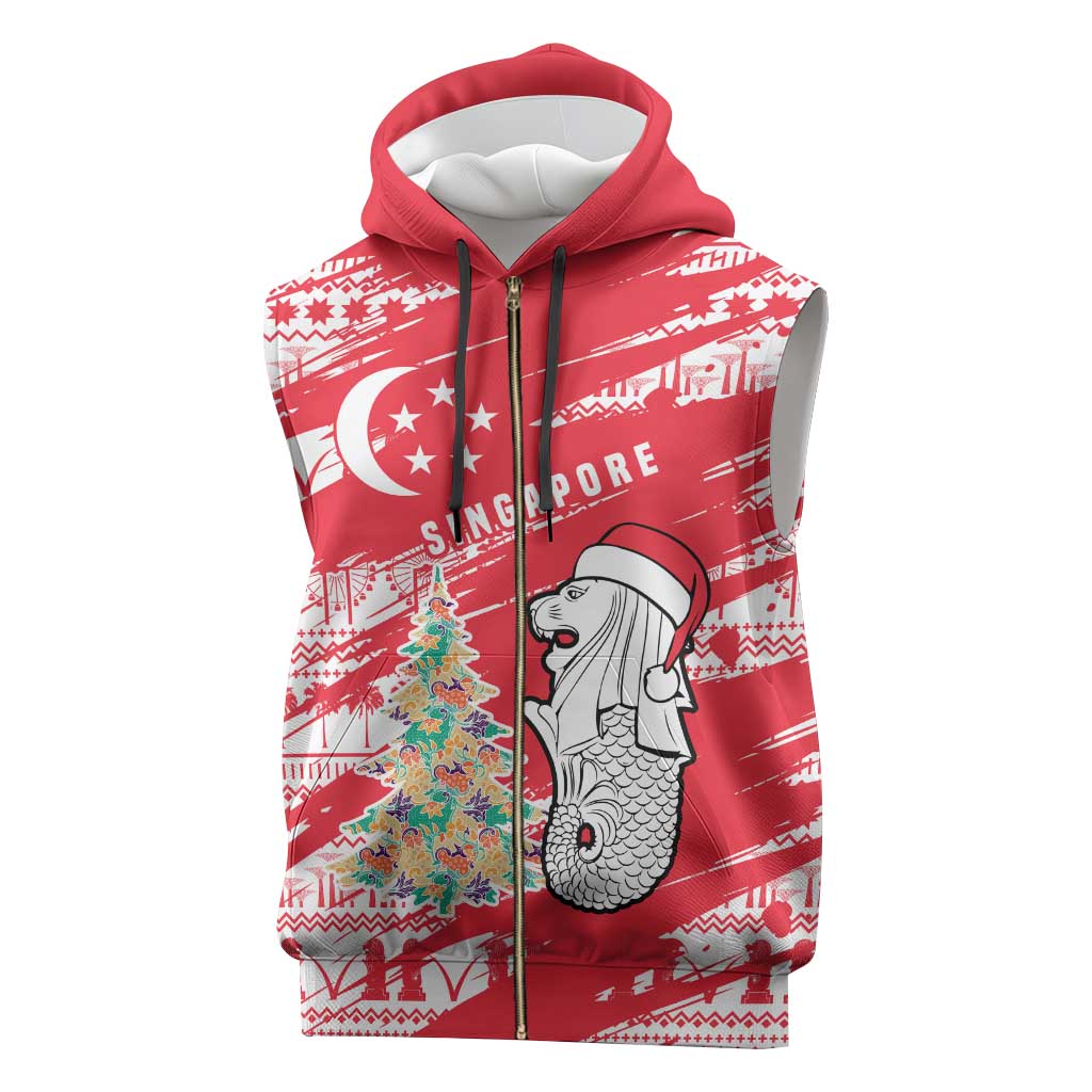 Singapore Christmas Sleeveless Zip Hoodie with Merlion Santa Hat Batik Christmas Tree and City Skyline Design - Wonder Print Shop