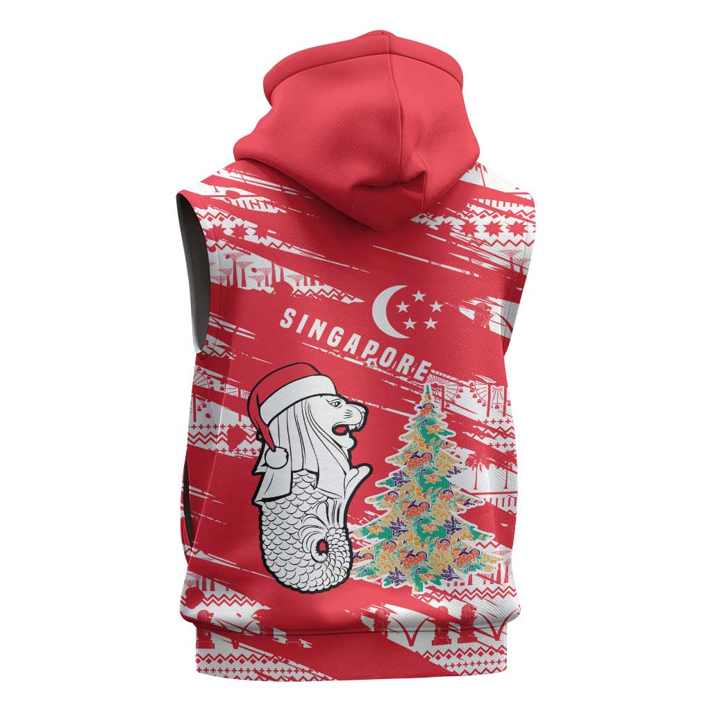 Singapore Christmas Sleeveless Zip Hoodie with Merlion Santa Hat Batik Christmas Tree and City Skyline Design - Wonder Print Shop