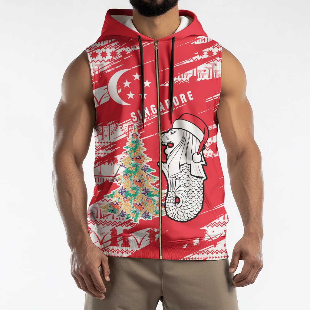 Singapore Christmas Sleeveless Zip Hoodie with Merlion Santa Hat Batik Christmas Tree and City Skyline Design - Wonder Print Shop