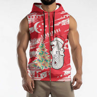 Singapore Christmas Sleeveless Zip Hoodie with Merlion Santa Hat Batik Christmas Tree and City Skyline Design - Wonder Print Shop
