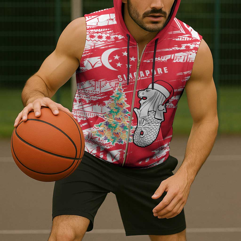 Singapore Christmas Sleeveless Zip Hoodie with Merlion Santa Hat Batik Christmas Tree and City Skyline Design - Wonder Print Shop