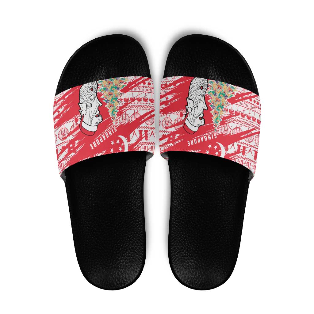 Singapore Christmas Slide Sandals with Merlion Santa Hat Batik Christmas Tree and City Skyline Design - Wonder Print Shop