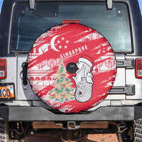 Singapore Christmas Spare Tire Cover with Merlion Santa Hat Batik Christmas Tree and City Skyline Design - Wonder Print Shop
