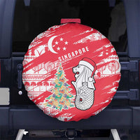 Singapore Christmas Spare Tire Cover with Merlion Santa Hat Batik Christmas Tree and City Skyline Design - Wonder Print Shop