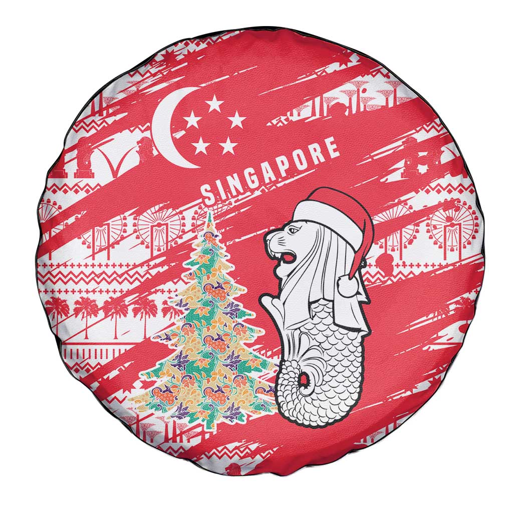 Singapore Christmas Spare Tire Cover with Merlion Santa Hat Batik Christmas Tree and City Skyline Design - Wonder Print Shop