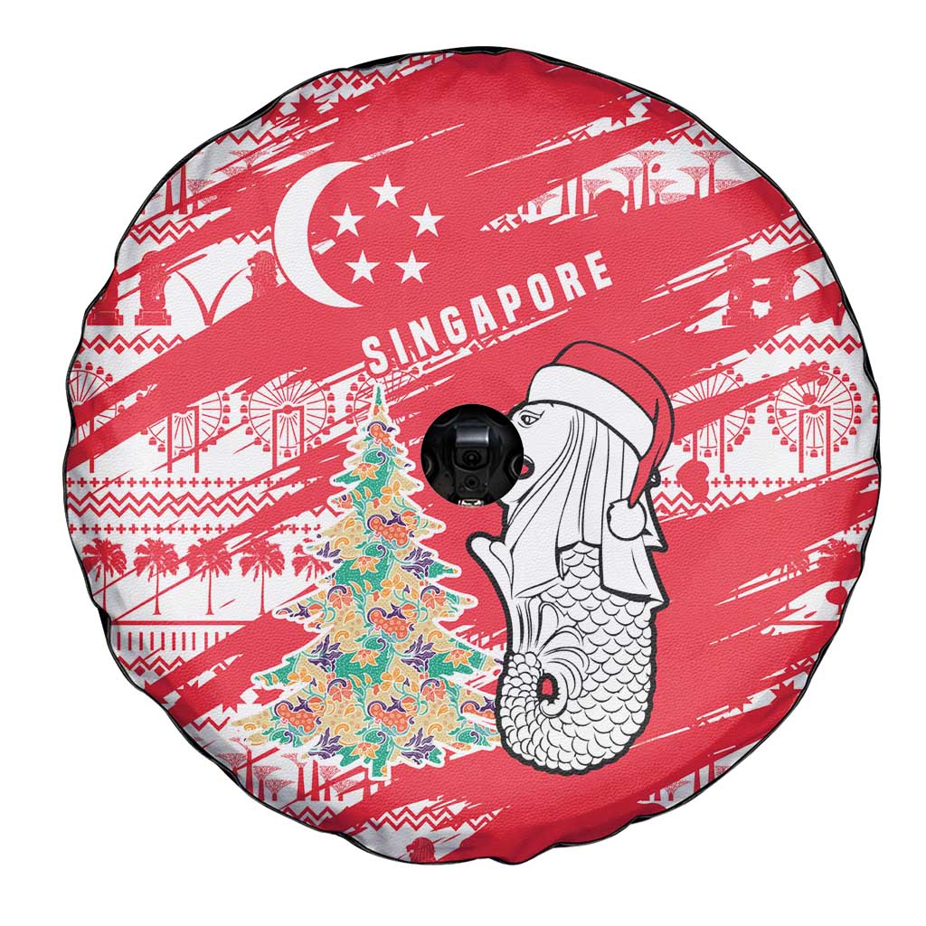 Singapore Christmas Spare Tire Cover with Merlion Santa Hat Batik Christmas Tree and City Skyline Design - Wonder Print Shop