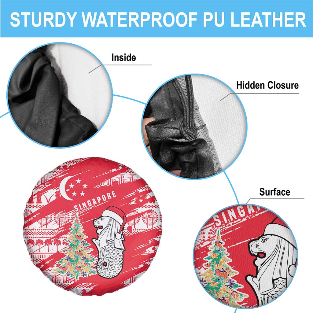 Singapore Christmas Spare Tire Cover with Merlion Santa Hat Batik Christmas Tree and City Skyline Design - Wonder Print Shop