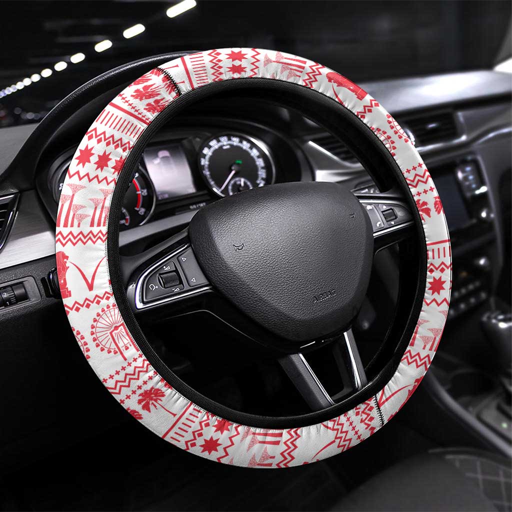 Singapore Christmas Steering Wheel Cover with Merlion Santa Hat Batik Christmas Tree and City Skyline Design - Wonder Print Shop
