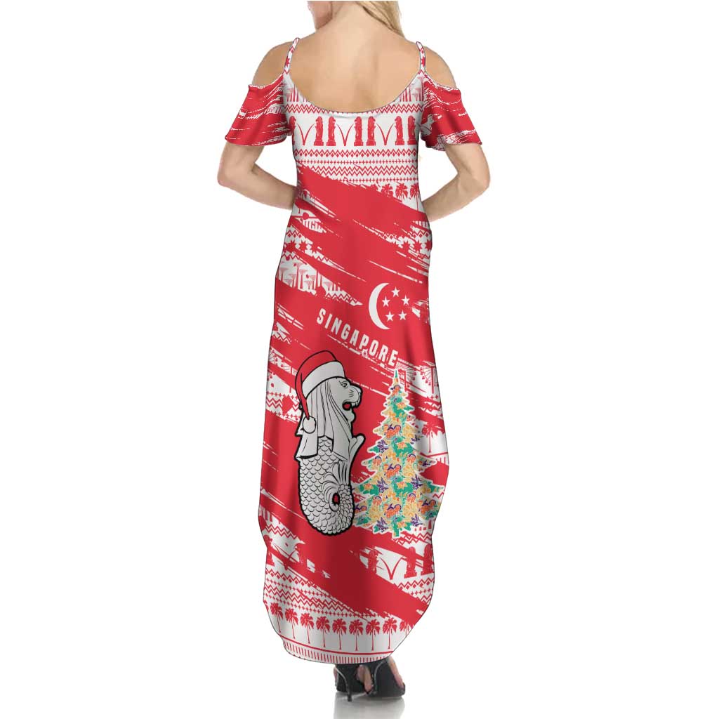 Singapore Christmas Summer Maxi Dress with Merlion Santa Hat Batik Christmas Tree and City Skyline Design - Wonder Print Shop
