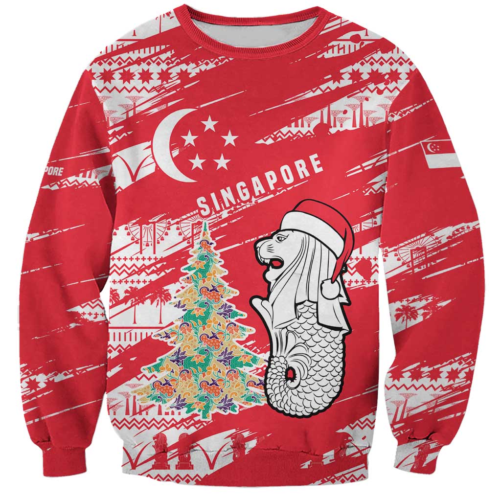 Singapore Christmas Sweatshirt with Merlion Santa Hat Batik Christmas Tree and City Skyline Design - Wonder Print Shop