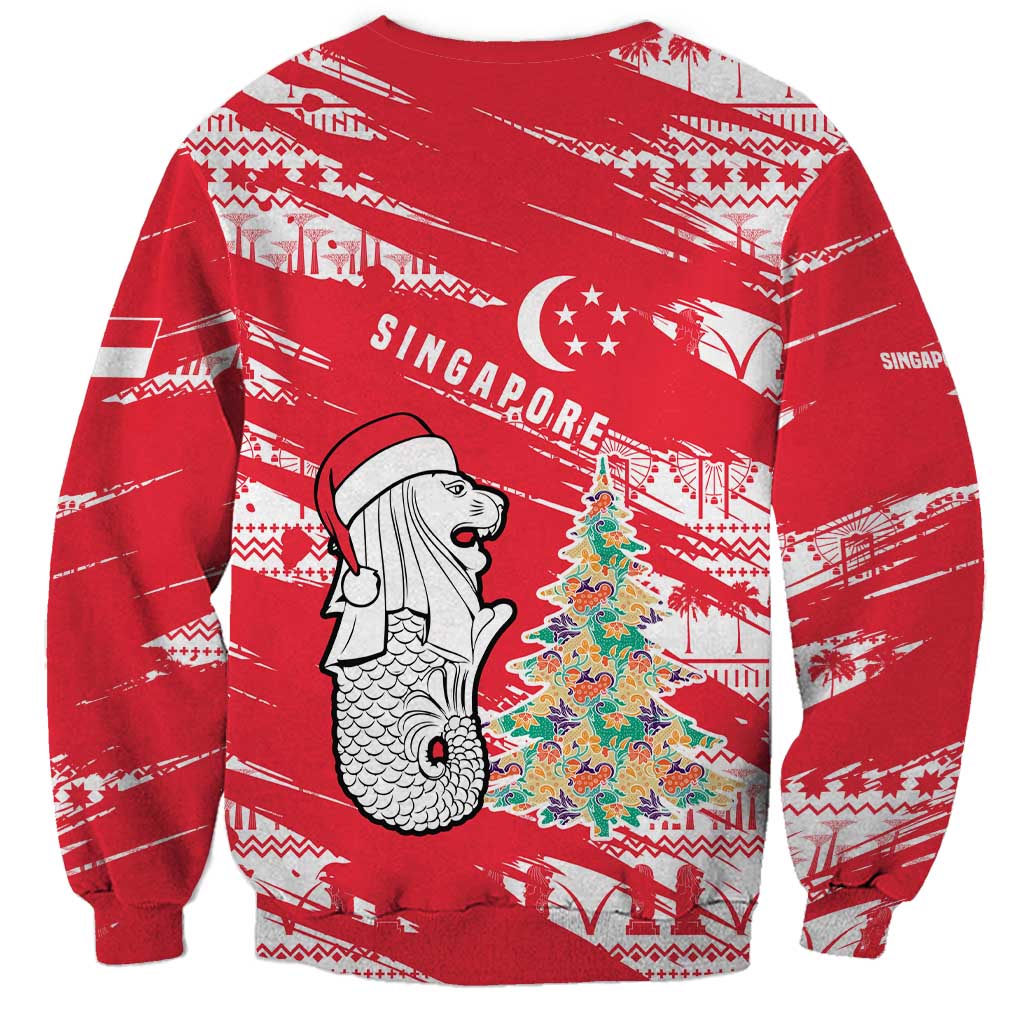 Singapore Christmas Sweatshirt with Merlion Santa Hat Batik Christmas Tree and City Skyline Design - Wonder Print Shop