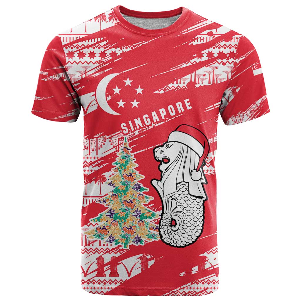 Singapore Christmas T Shirt with Merlion Santa Hat Batik Christmas Tree and City Skyline Design - Wonder Print Shop