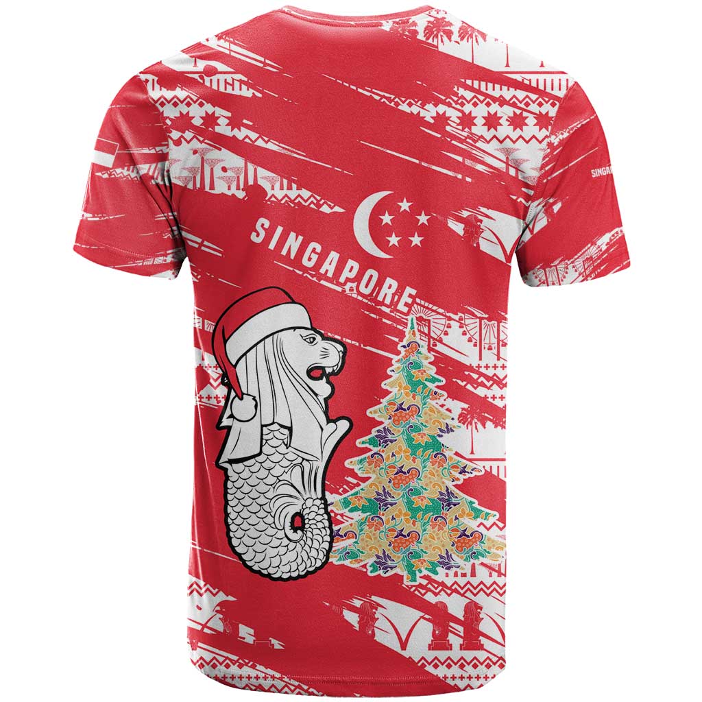 Singapore Christmas T Shirt with Merlion Santa Hat Batik Christmas Tree and City Skyline Design - Wonder Print Shop