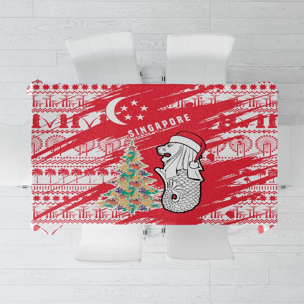 Singapore Christmas Tablecloth with Merlion Santa Hat Batik Christmas Tree and City Skyline Design - Wonder Print Shop