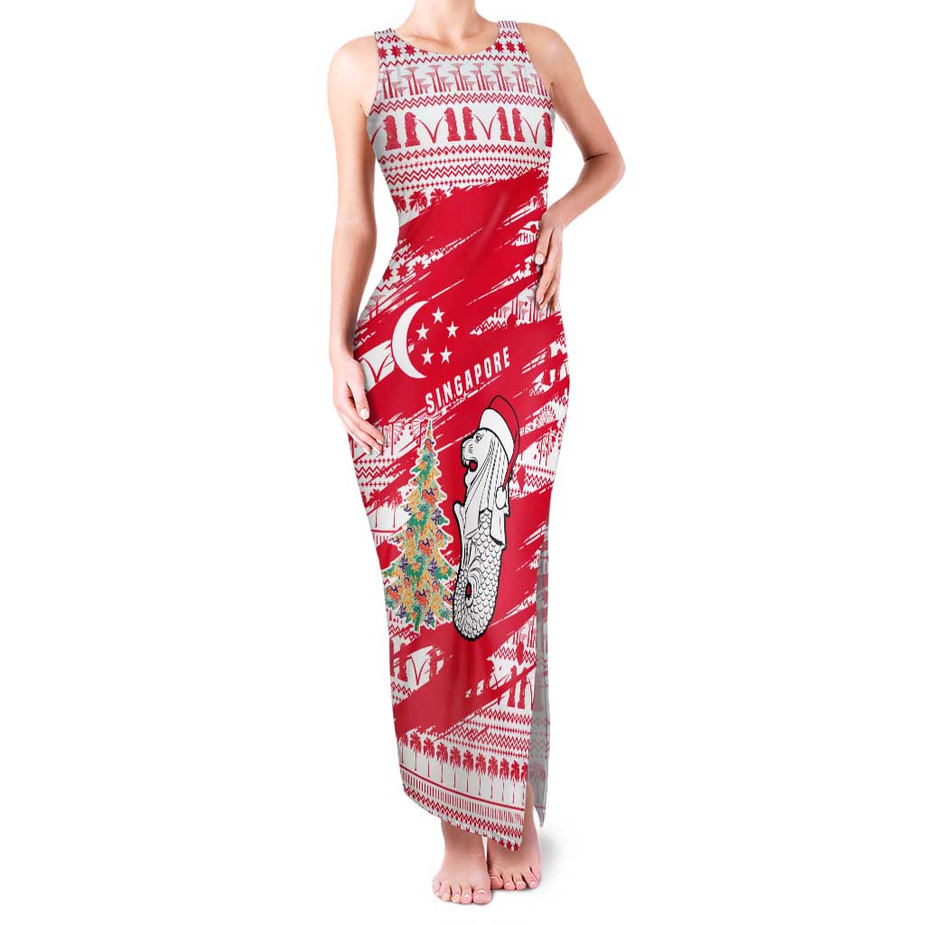 Singapore Christmas Tank Maxi Dress with Merlion Santa Hat Batik Christmas Tree and City Skyline Design - Wonder Print Shop
