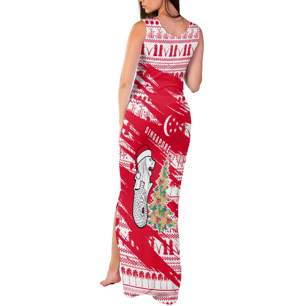 Singapore Christmas Tank Maxi Dress with Merlion Santa Hat Batik Christmas Tree and City Skyline Design - Wonder Print Shop