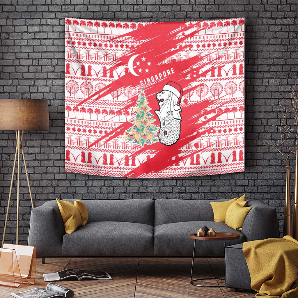 Singapore Christmas Tapestry with Merlion Santa Hat Batik Christmas Tree and City Skyline Design - Wonder Print Shop