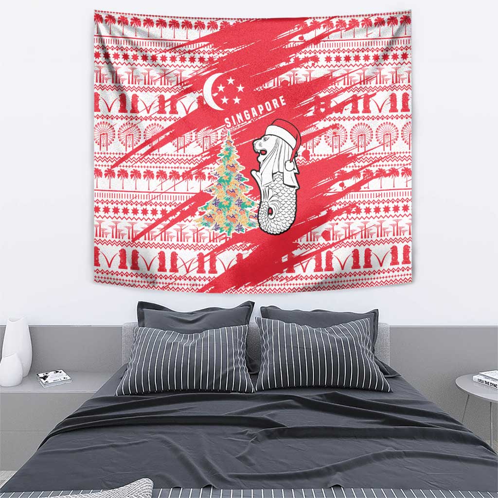 Singapore Christmas Tapestry with Merlion Santa Hat Batik Christmas Tree and City Skyline Design - Wonder Print Shop