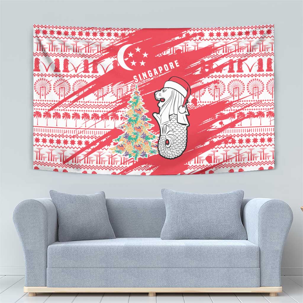 Singapore Christmas Tapestry with Merlion Santa Hat Batik Christmas Tree and City Skyline Design - Wonder Print Shop