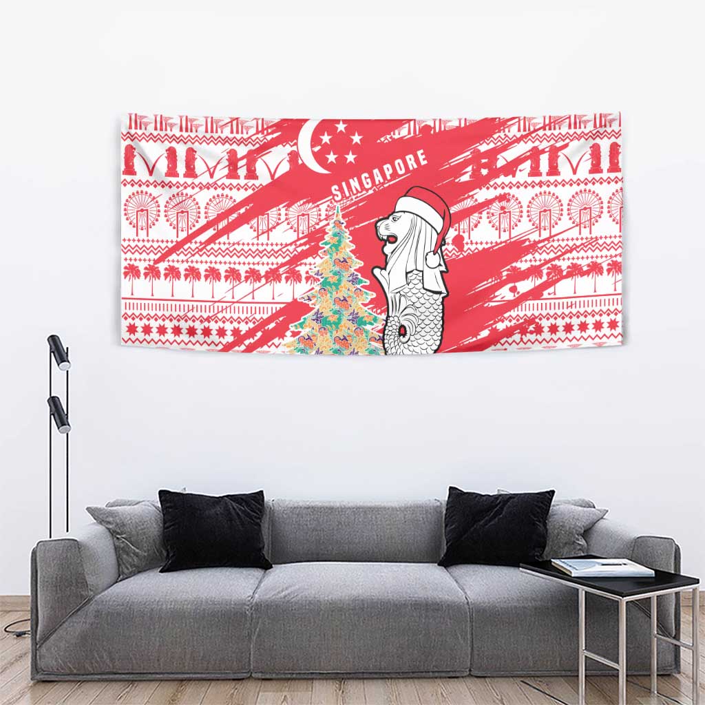 Singapore Christmas Tapestry with Merlion Santa Hat Batik Christmas Tree and City Skyline Design - Wonder Print Shop