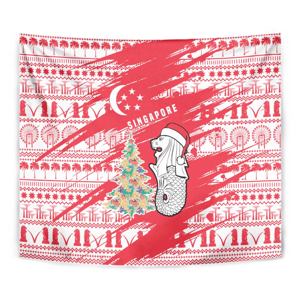 Singapore Christmas Tapestry with Merlion Santa Hat Batik Christmas Tree and City Skyline Design - Wonder Print Shop
