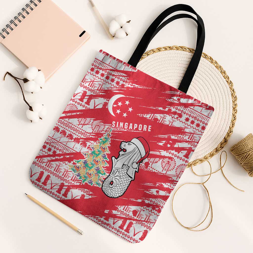 Singapore Christmas Tote Bag with Merlion Santa Hat Batik Christmas Tree and City Skyline Design - Wonder Print Shop