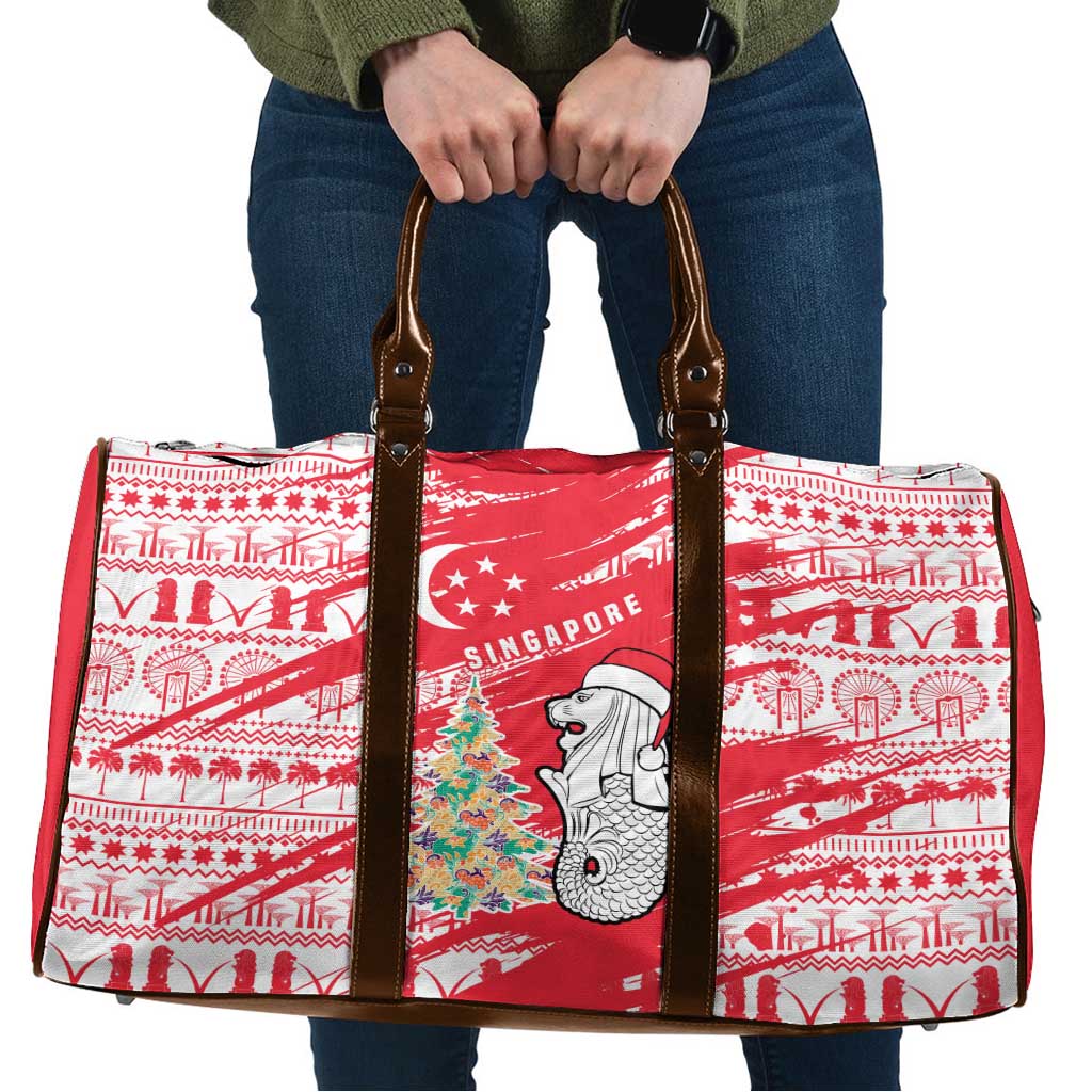 Singapore Christmas Travel Bag with Merlion Santa Hat Batik Christmas Tree and City Skyline Design - Wonder Print Shop