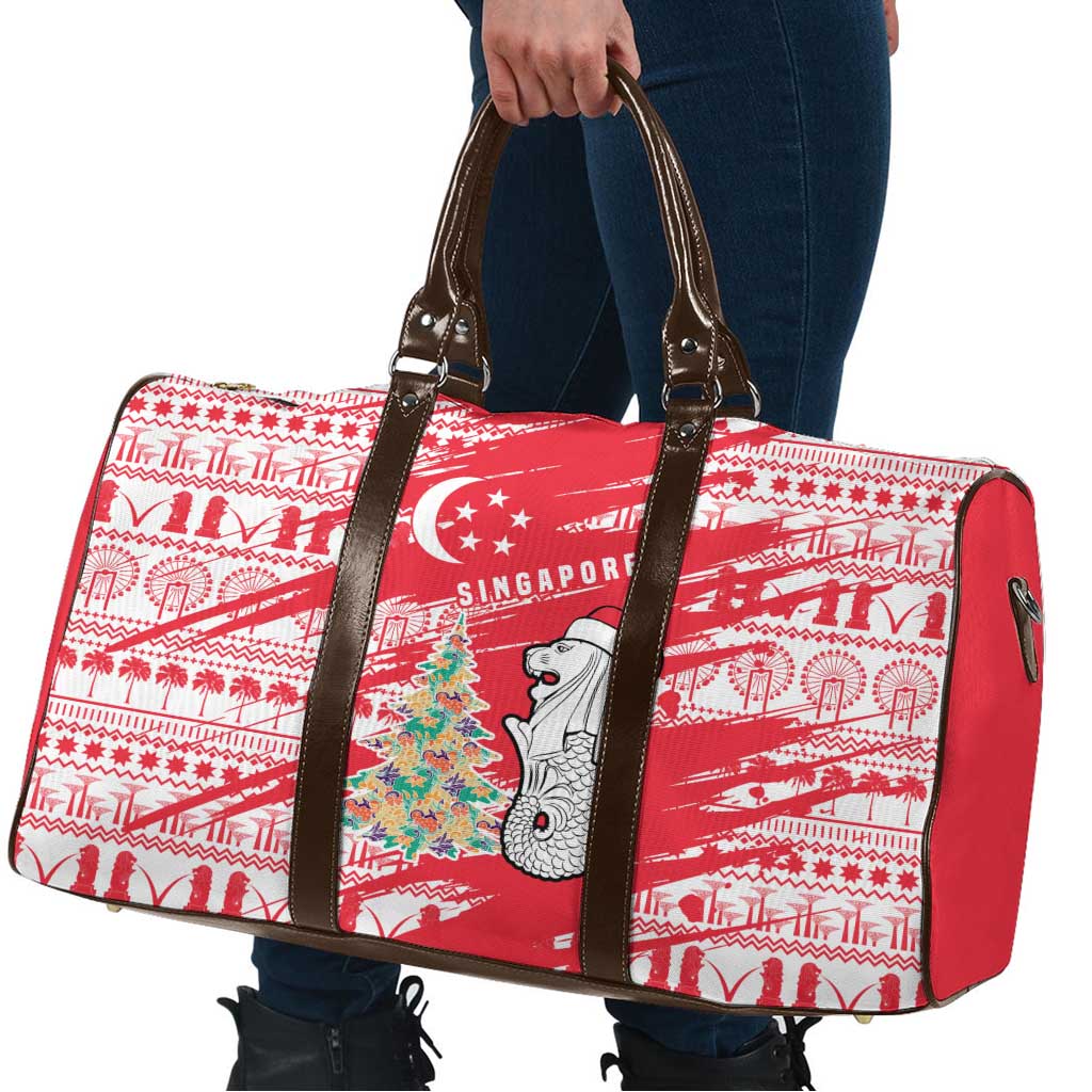 Singapore Christmas Travel Bag with Merlion Santa Hat Batik Christmas Tree and City Skyline Design - Wonder Print Shop