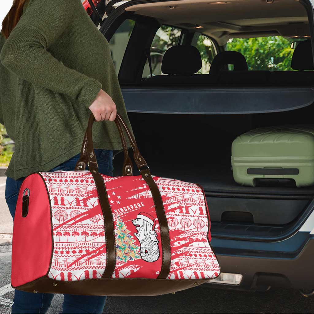 Singapore Christmas Travel Bag with Merlion Santa Hat Batik Christmas Tree and City Skyline Design - Wonder Print Shop