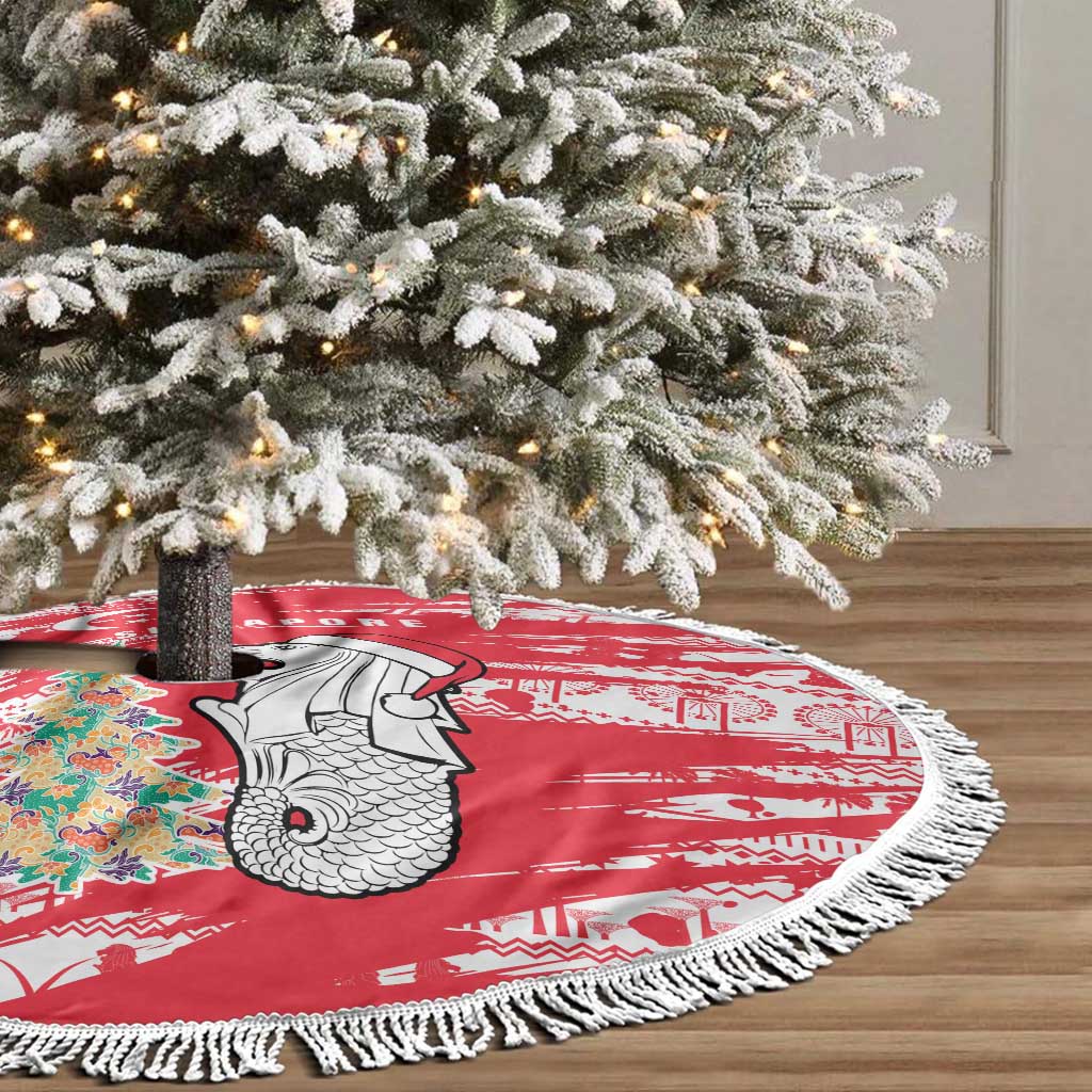 Singapore Christmas Tree Skirt with Merlion Santa Hat Batik Christmas Tree and City Skyline Design - Wonder Print Shop